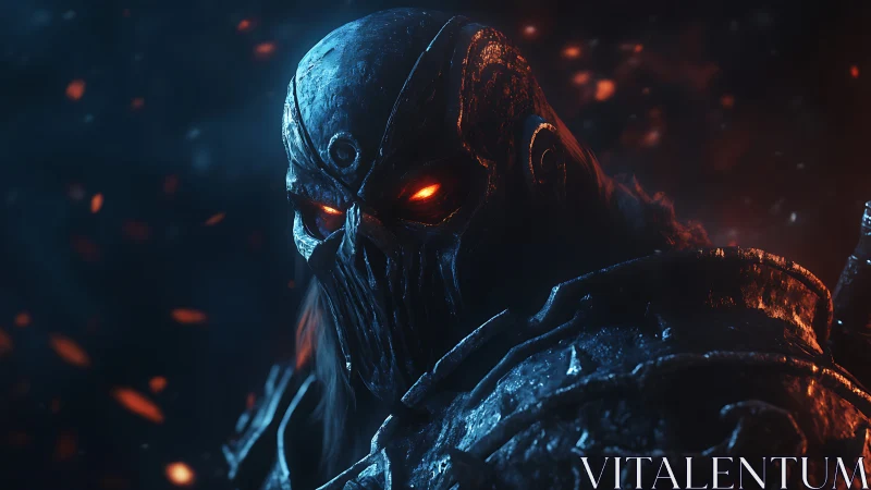 Armored infernal warrior rendered in cinematic digital chiaroscuro