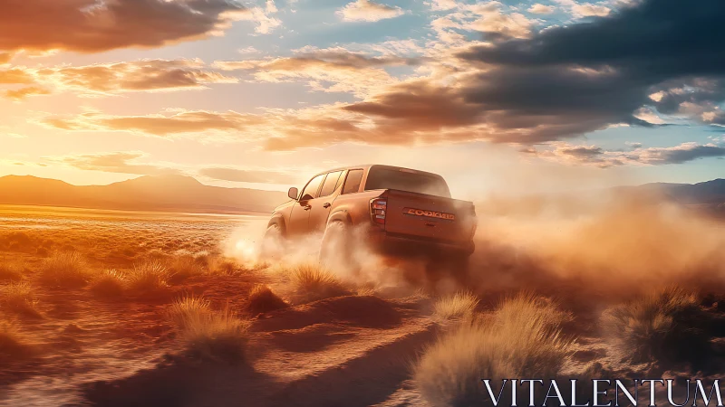 Pickup truck powers through desert trail under blazing sunset