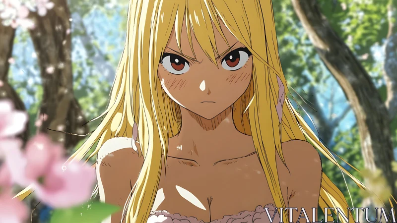 Fierce forest girl framed by drifting spring blossoms.