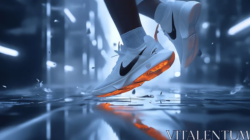 Dynamic running shoe close-up in neon-lit cyber tunnel environment