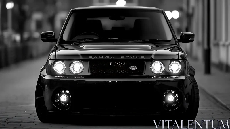 Modified black SUV dominates monochrome urban street