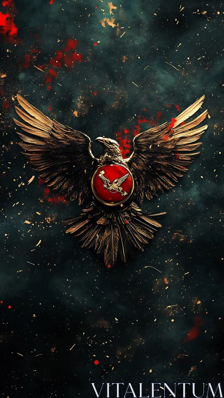 Golden war eagle emblem over scarlet nebular battlefield.