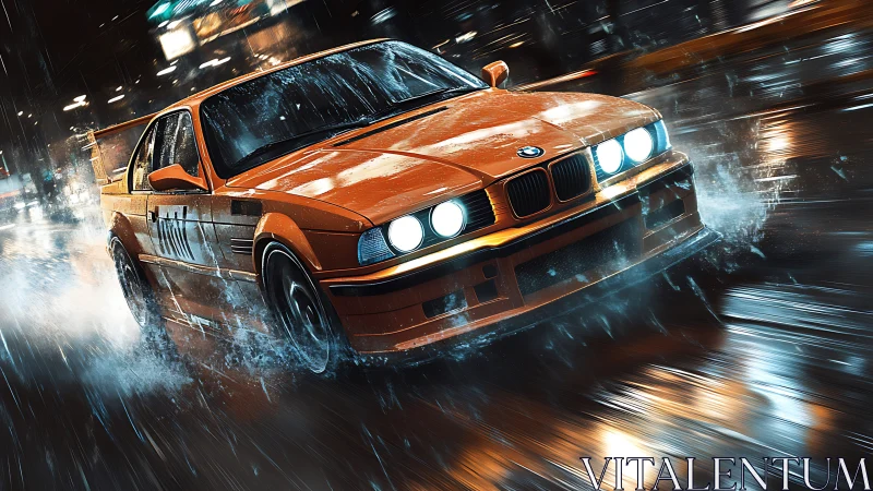 Orange BMW sports car powerslide throws spray on wet city street