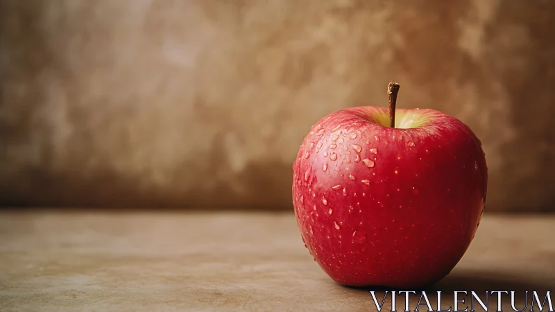 Solitary dewy red apple poised on a warm rustic stage.