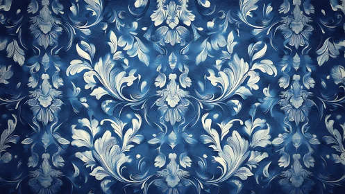 Symmetrical blue background displays stylized floral foliage pattern