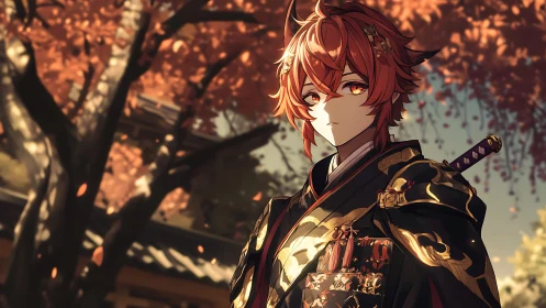 Autumn-lit samurai youth in ornate black armor under shallow depth