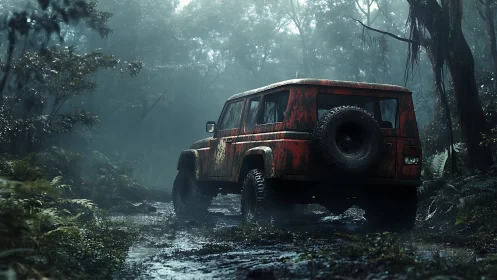 Mud-worn red 4x4 waits in misty jungle hush after storms.