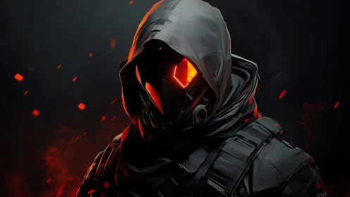 Hooded cyber assassin with burning visor in dark embers