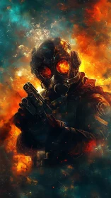Ember-eyed wasteland operative framed in cosmic firestorm.