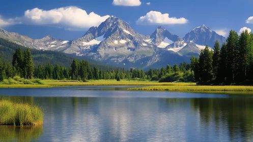 Mountain range rises above forested lake under clear sky