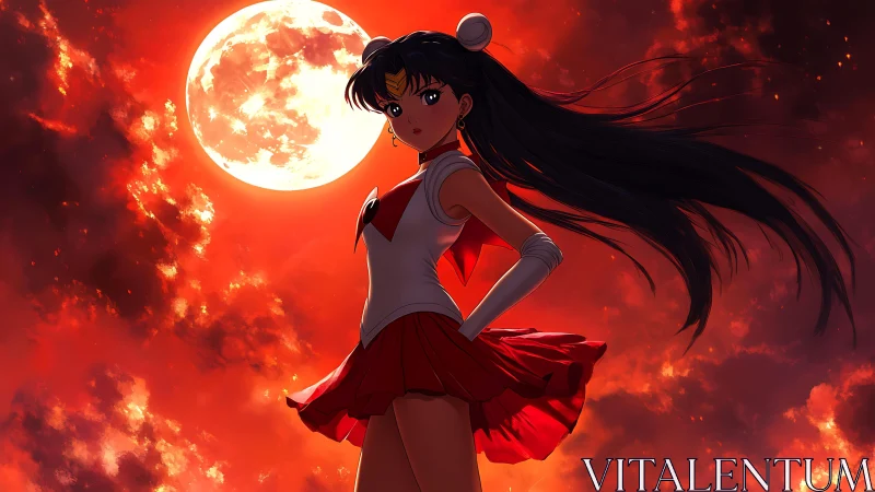 Anime heroine in red uniform before full moon backdrop.