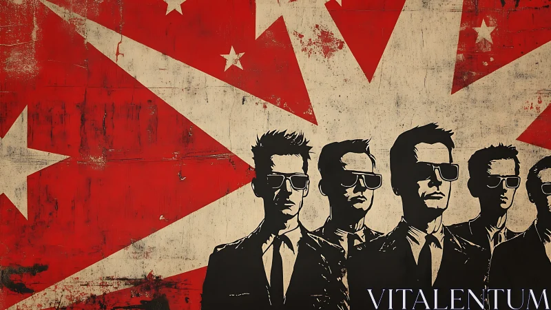 Stylized suited figures before bold red starburst backdrop.