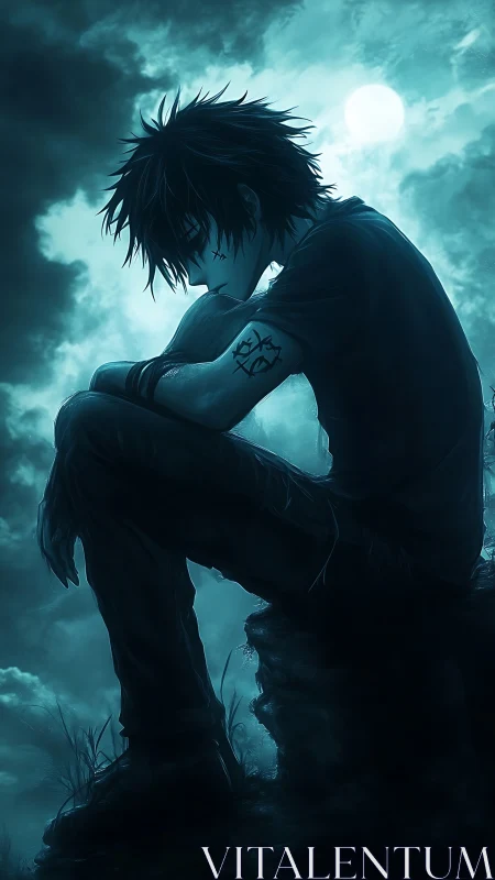 Moonlit brooding rebel boy wrapped in stormy cyan quietude.