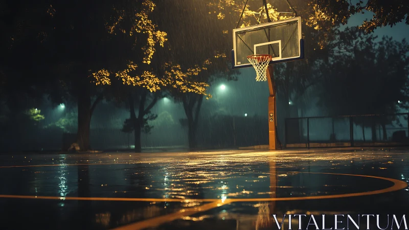 Wet outdoor basketball court under sodium vapor street lighting