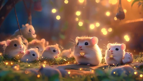 Group of small rodents in illuminated forest clearing at dusk.