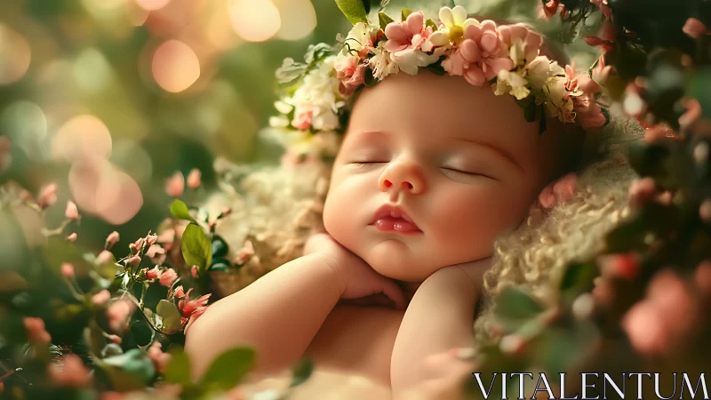 Serene infant sleeps nestled among blooming flowers and soft light.