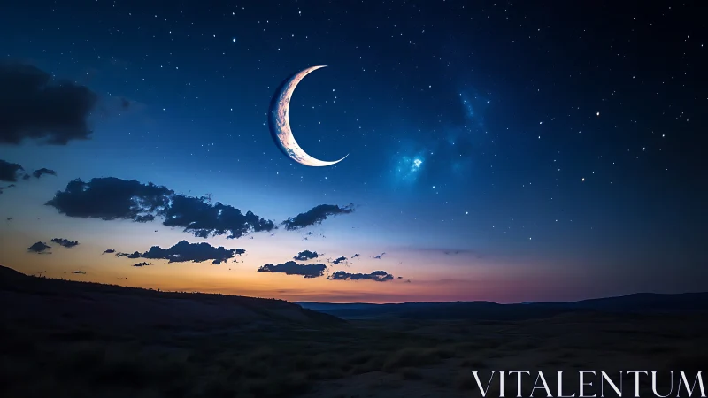 Surreal crescent moon over twilight desert horizon composition.