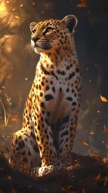 Autumn-lit leopard sentinel basking in drifting golden embers.