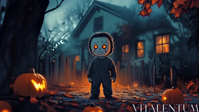 Cute masked trick-or-treater glowing on a spooky path.