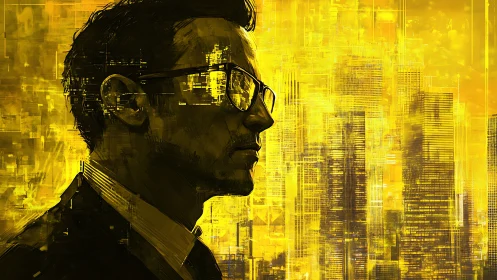 Corporate technologist silhouette against luminous cyber skyline.