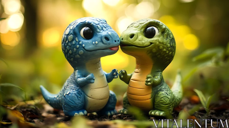 Photorealistic vinyl dinosaur toy duo in shallow forest bokeh