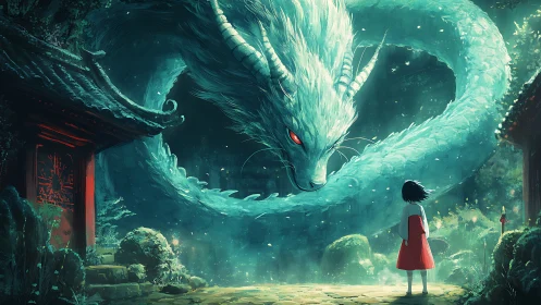 Forest child meets luminous dragon guardian at dusk.