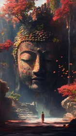 Silent stone Buddha dreams above a crimson forest pilgrim