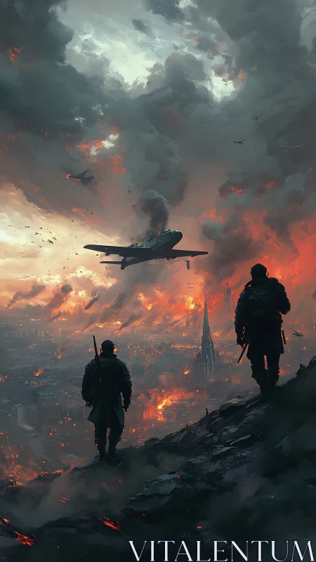 Soldiers watch burning city under heavy bomber assault.