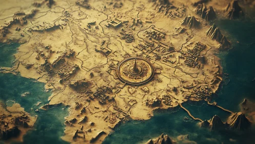 Circular fortified city dominates stylized coastal landmass
