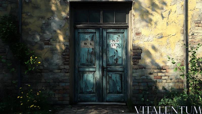 Weathered blue double door set in sunlit brick wall.