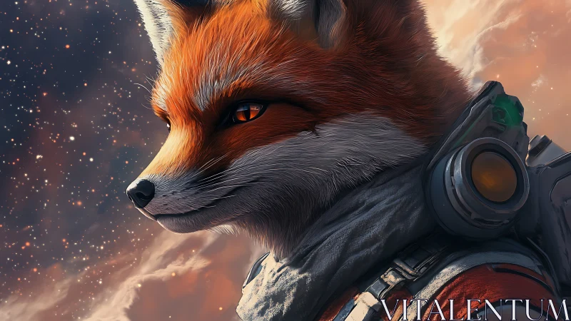 Starbound fox commander gazes into a swirling nebula sky.
