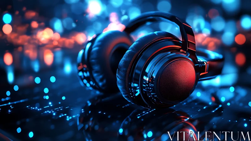 Glowing studio headphones on neon-lit reflective surface.