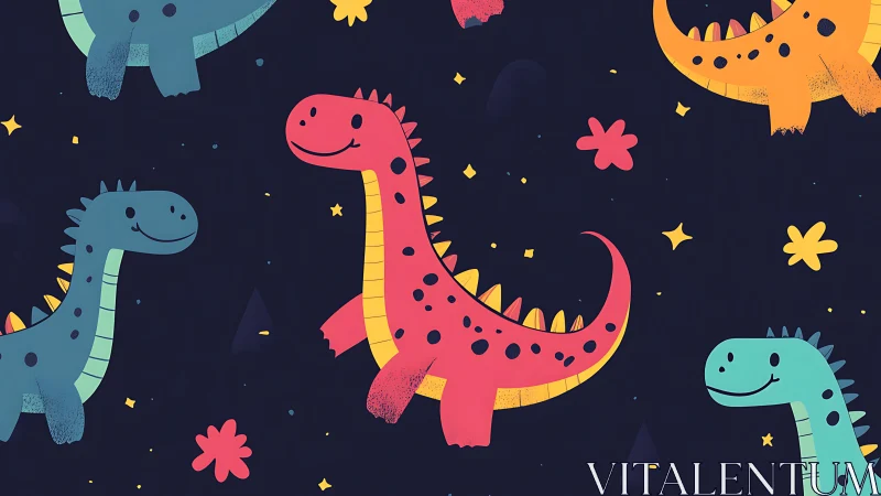 Playful cartoon dinosaurs wander through a cheerful night sky