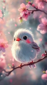 Fluffy Little Bird Among Cherry Blossoms.