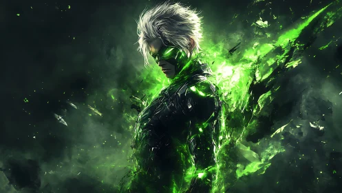 Cybernetic warrior emerges amid luminous green energy shards