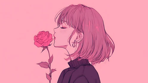 Soft blush girl inhaling rose-colored quiet.