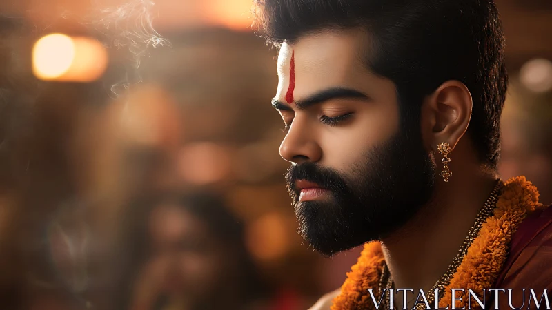Serene young devotee in warm temple light at prayerful rest.