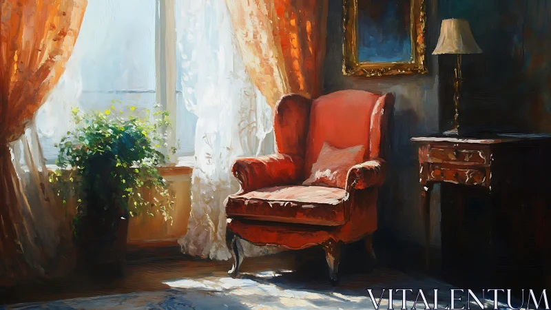 Interior scene with red armchair by sunlit window.