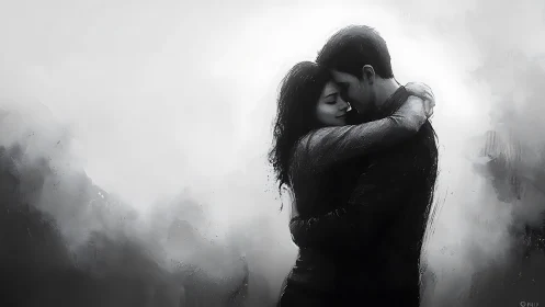 Couple Embracing in Misty Atmosphere