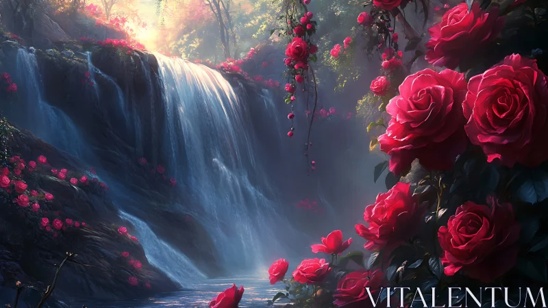 Rose-draped waterfall dreaming in soft, enchanted light.
