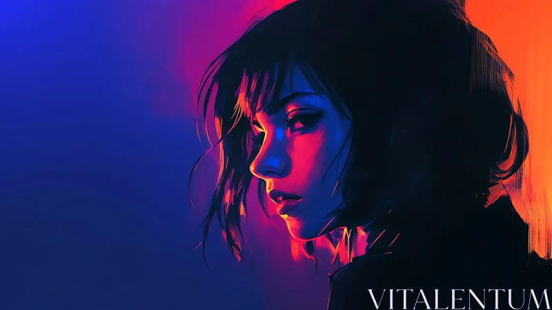 Neon-lit woman in profile bathed in vivid dual lighting.