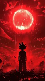 Silhouetted warrior under erupting crimson celestial sphere