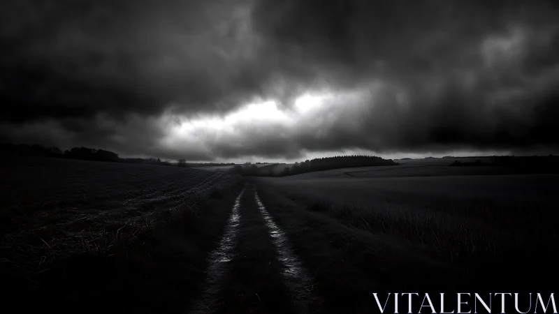 Storm-dark country lane under brooding cloudbreak sky.