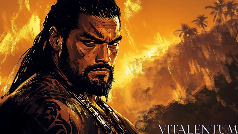 Fierce island warrior in glowing sunset jungle light.