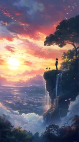 Sunset vista from cloudside cliff with solitary dreamer.