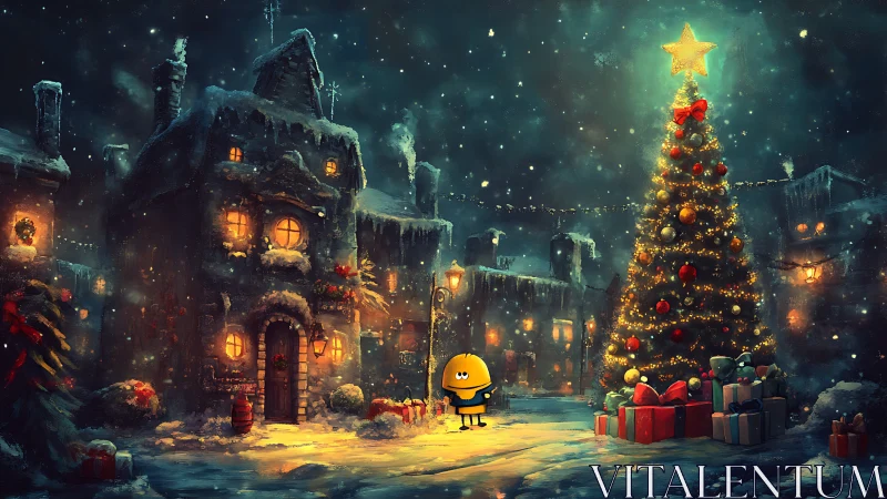 Nocturnal winter square with lit tree and stylized mascot figure.
