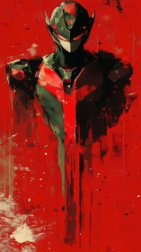 Crimson warborn sentinel dissolves into fierce abstract storm.