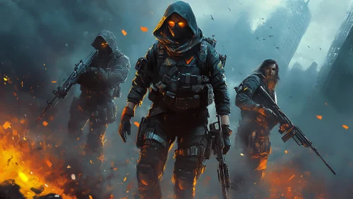 Three armed figures advance through burning urban ruins