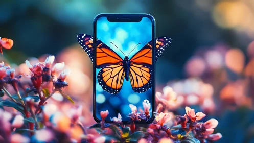 Butterfly magic landing softly on a glowing phone screen.