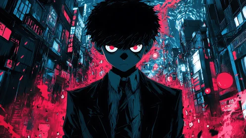 Dark suited figure in stylized neon urban alley at night.